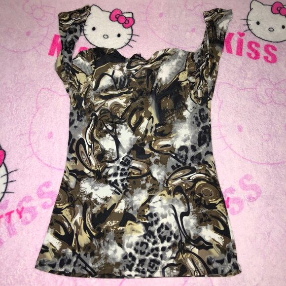 y2k trashy abstract printed square sweetheart neckline babydoll top - Picture 4 of 6